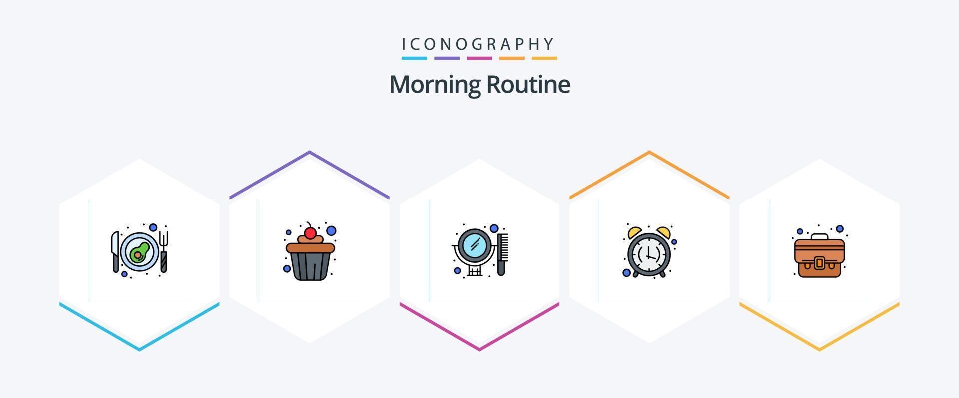 Morning Routine 25 FilledLine icon pack including suitcase. business. mirror. office. clock vector