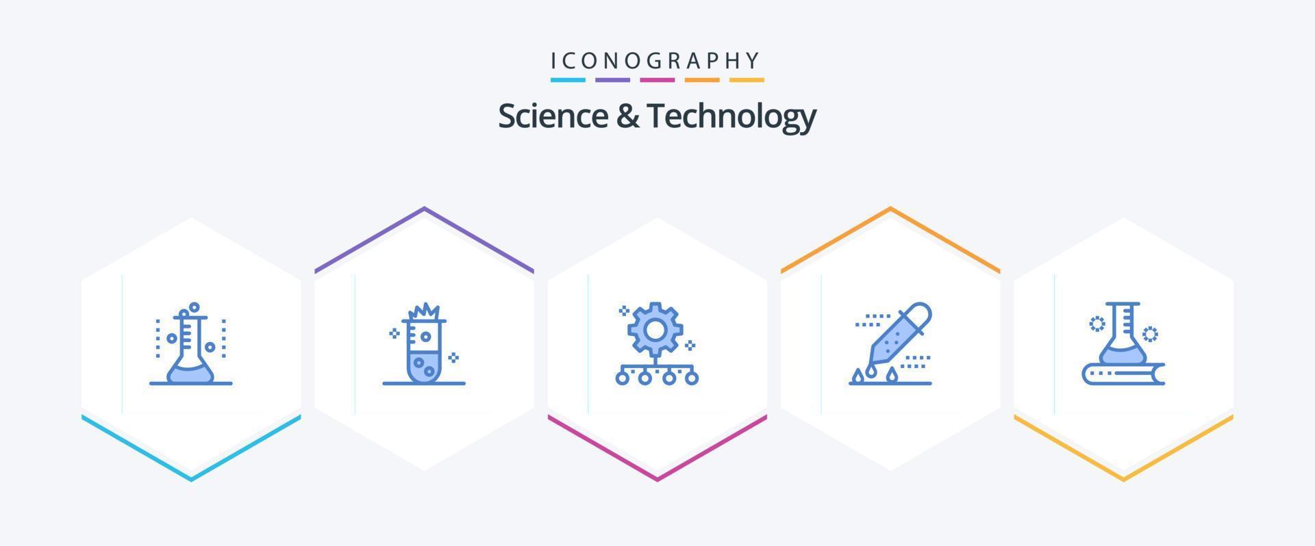 Science And Technology 25 Blue icon pack including microbiology. chemical test. nuclear fission. work plan. team performance vector