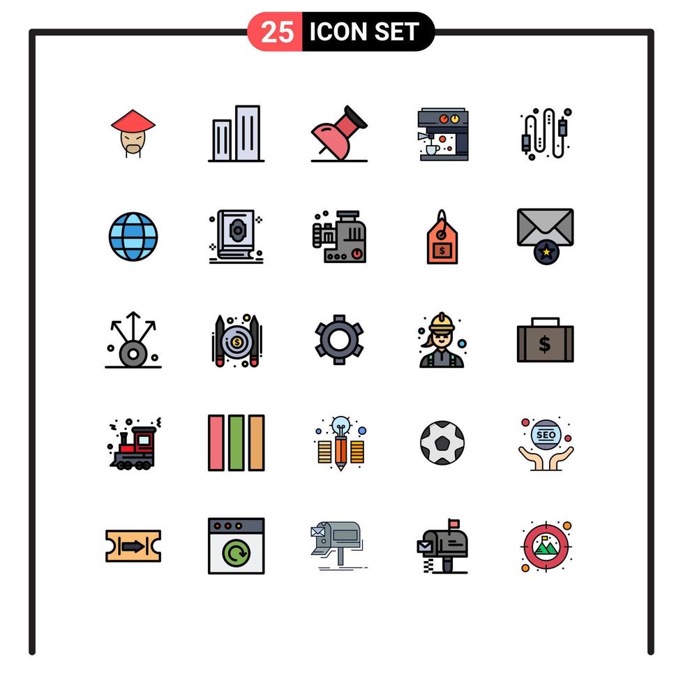 Set of 25 Commercial Filled line Flat Colors pack for connection cable skyscrapers audio machine Editable Vector Design Elements