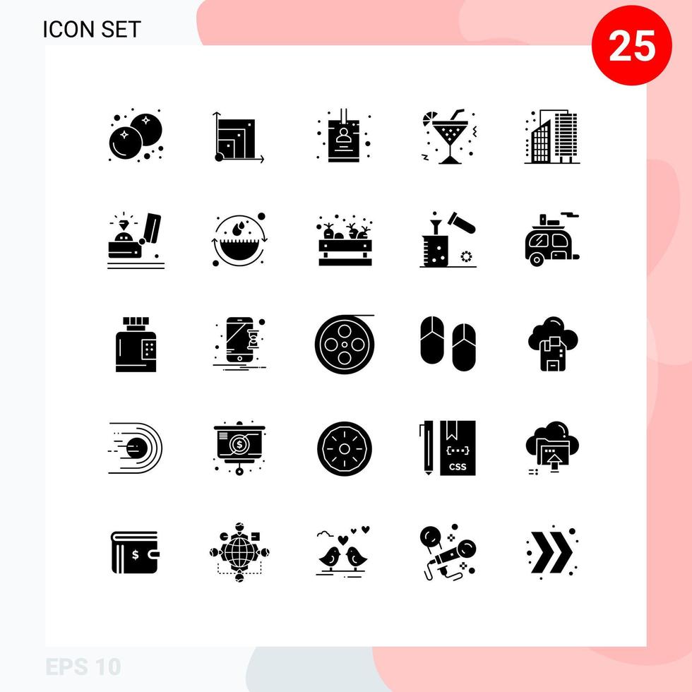 Group of 25 Solid Glyphs Signs and Symbols for city buildings badge beverage drink Editable Vector Design Elements