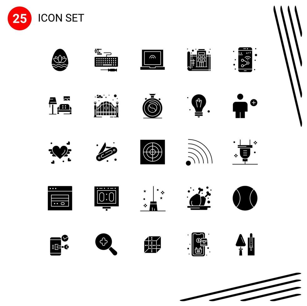 Mobile Interface Solid Glyph Set of 25 Pictograms of mobile app laptop print floor Editable Vector Design Elements