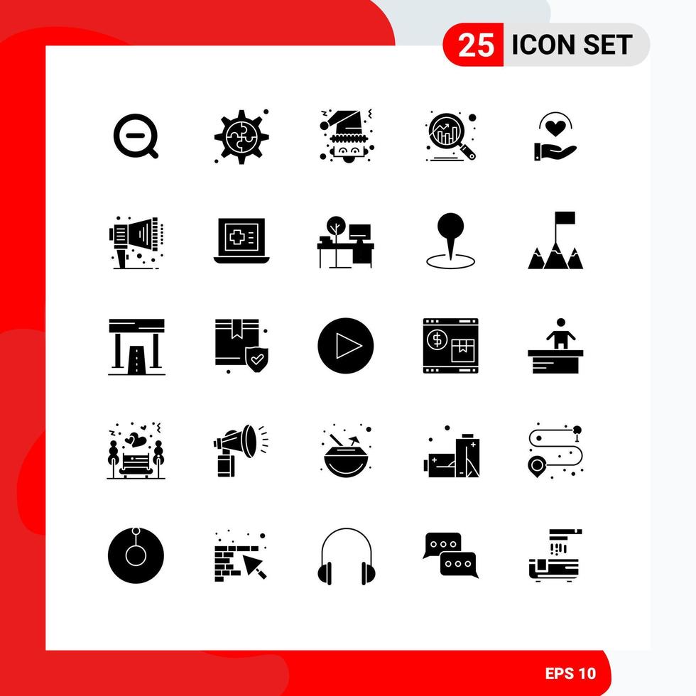 Mobile Interface Solid Glyph Set of 25 Pictograms of heart medical claus discover analytics Editable Vector Design Elements