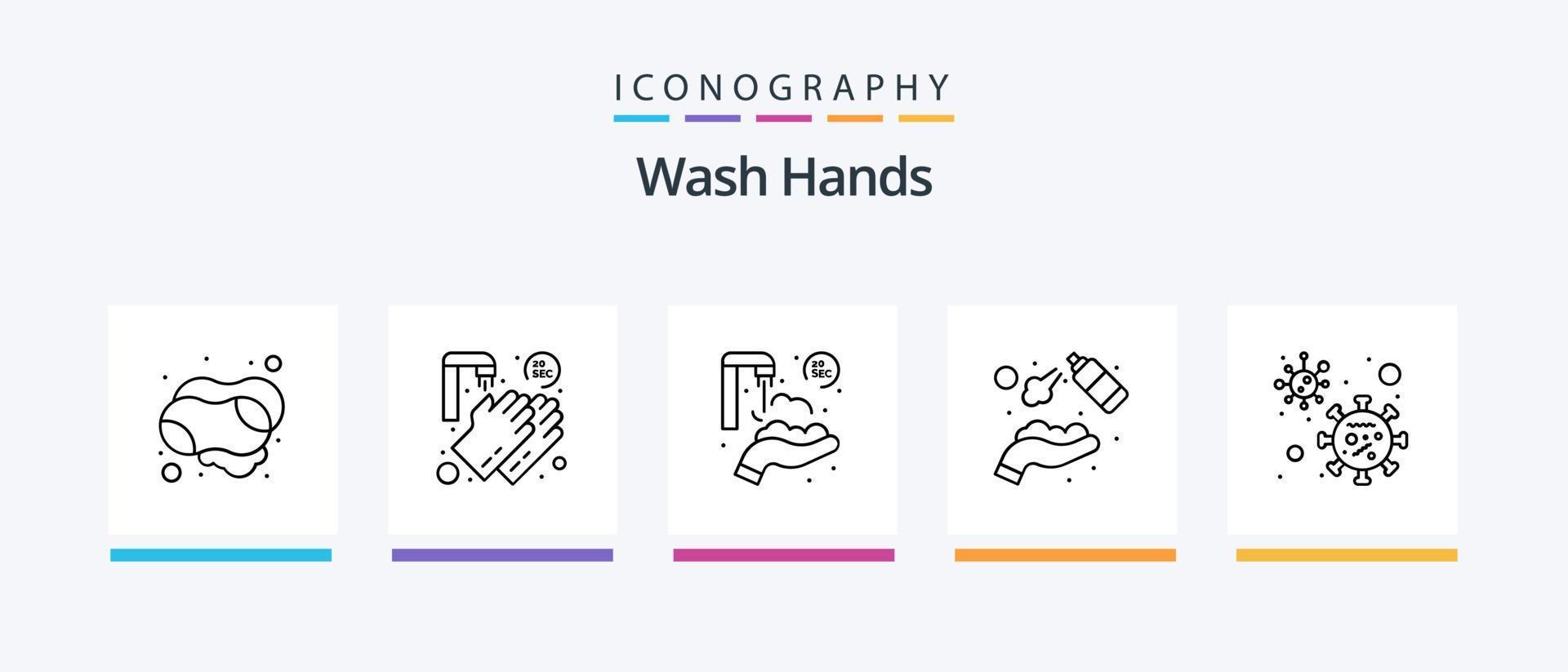 Wash Hands Line 5 Icon Pack Including hand. hand spray. hands. hands. dirty. Creative Icons Design vector