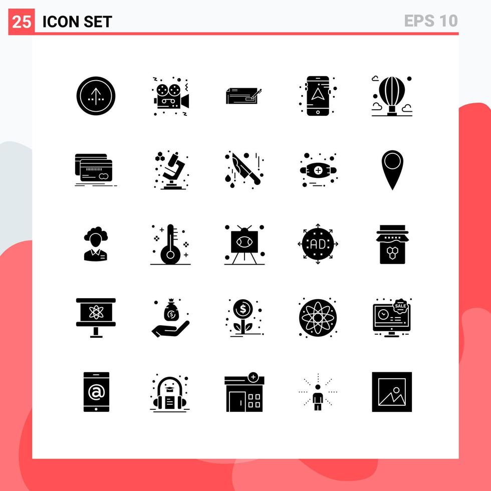 Group of 25 Modern Solid Glyphs Set for mobile money film finance bank check Editable Vector Design Elements