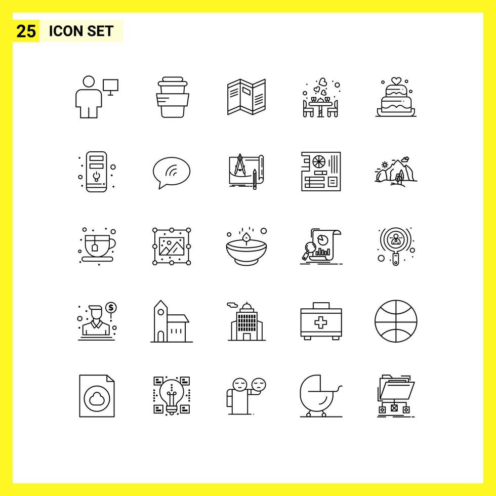 Set of 25 Modern UI Icons Symbols Signs for cake food newspaper dinner couple Editable Vector Design Elements