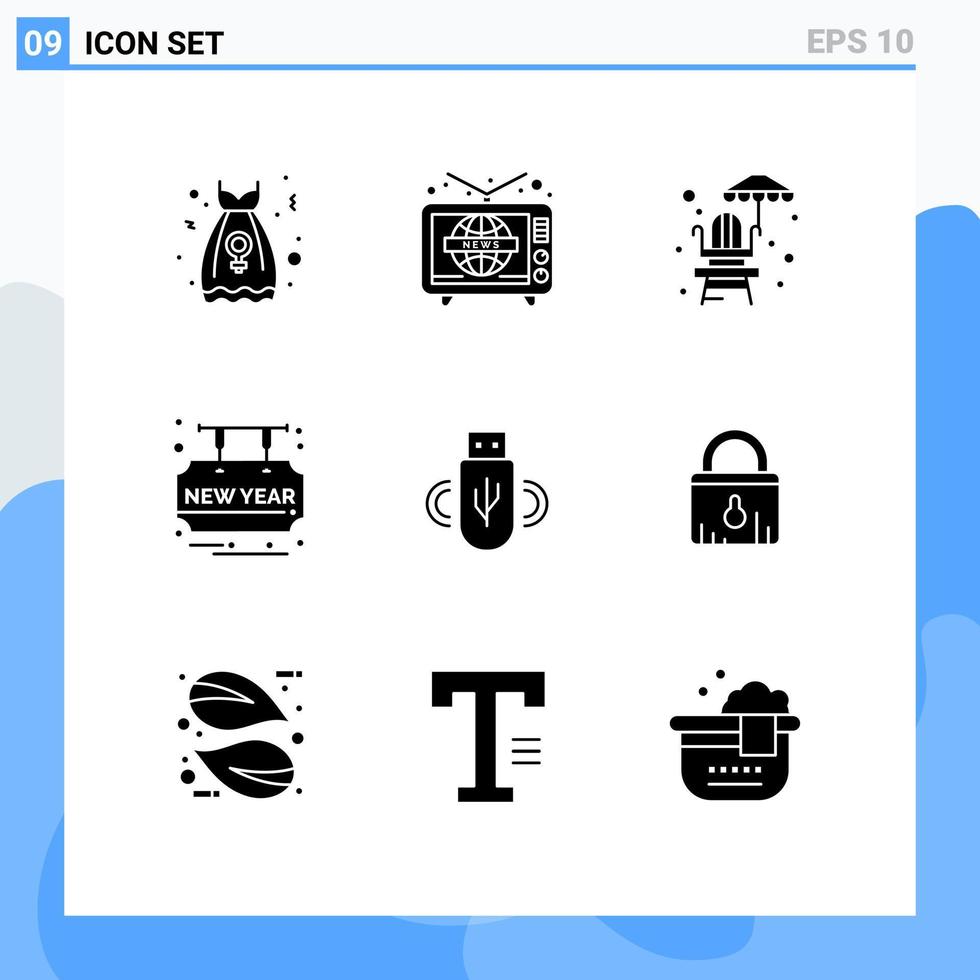 9 Universal Solid Glyphs Set for Web and Mobile Applications data usb life guard chair party time greetings Editable Vector Design Elements