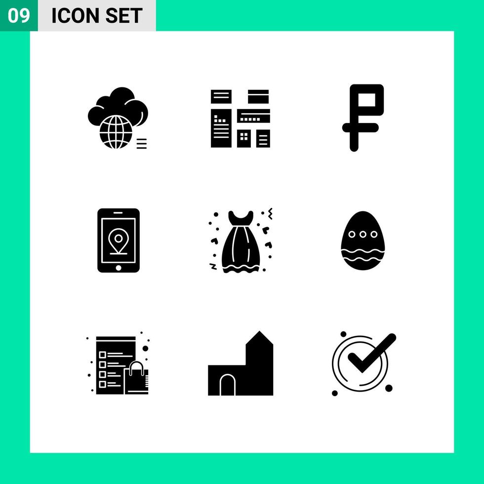 Modern Set of 9 Solid Glyphs Pictograph of dress cloth marketing location mobile Editable Vector Design Elements