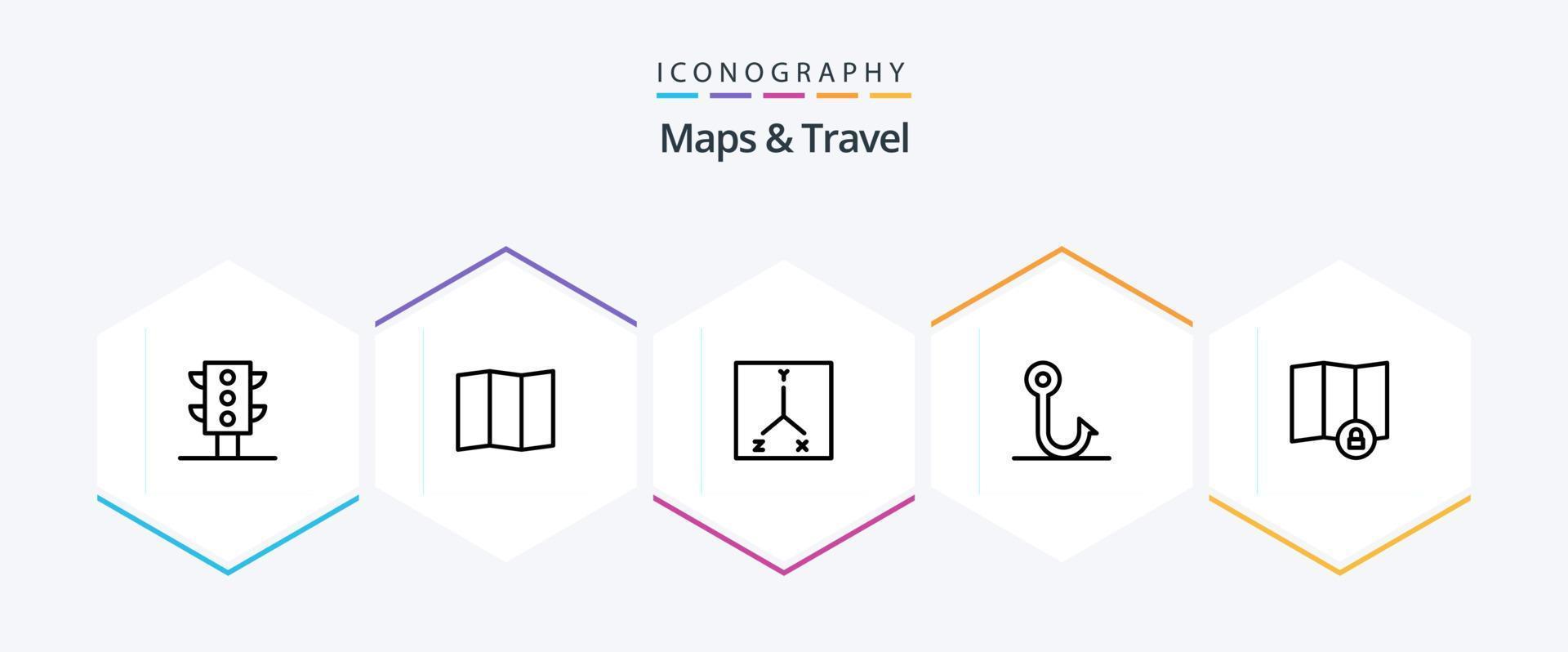 Maps and Travel 25 Line icon pack including . fish. . lock vector