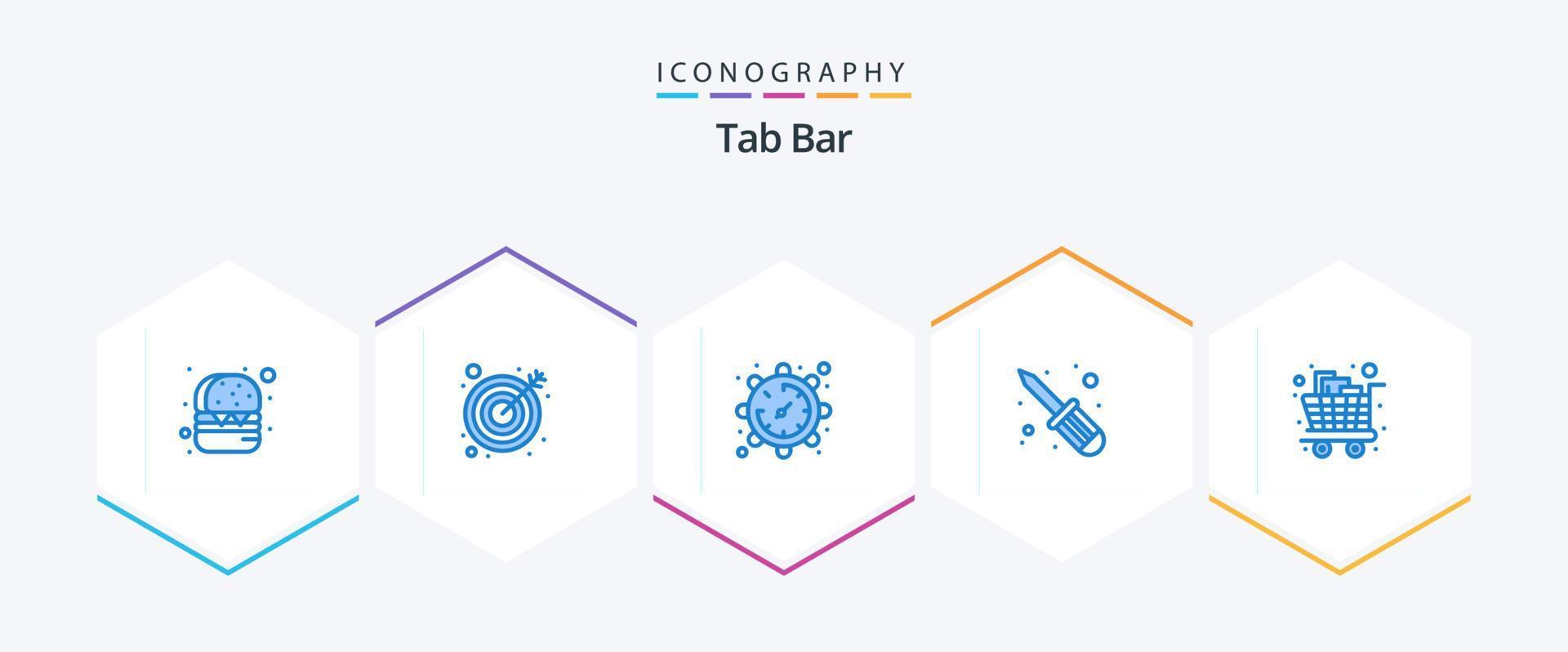 Tab Bar 25 Blue icon pack including trolley. groceries. time. full. screw fixer vector