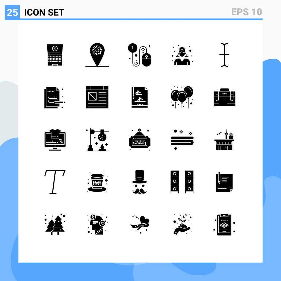 Mobile Interface Solid Glyph Set of 25 Pictograms of input woman click school graduate Editable Vector Design Elements