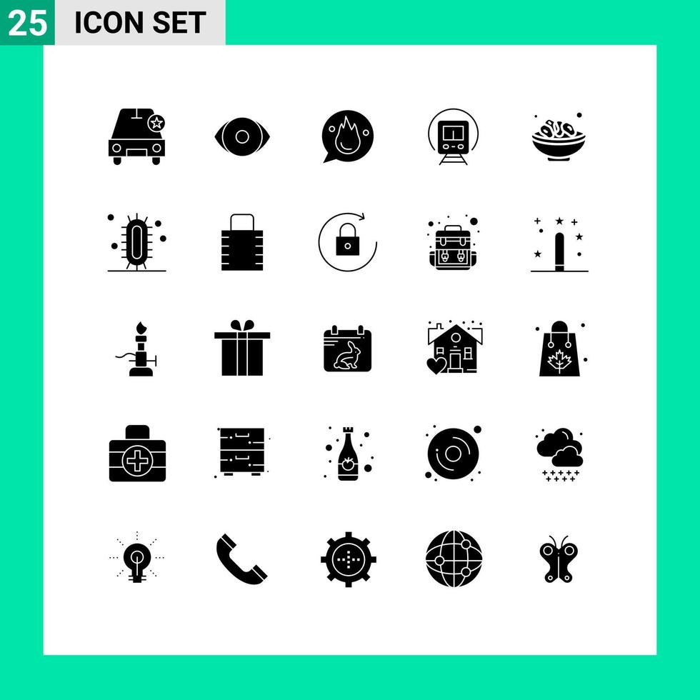 25 User Interface Solid Glyph Pack of modern Signs and Symbols of bowl tramway chat train training Editable Vector Design Elements