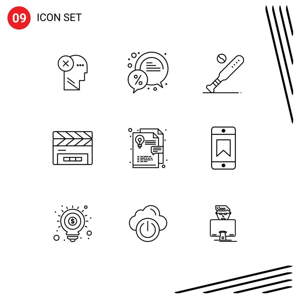 Group of 9 Modern Outlines Set for clapboard sports chat bat ball Editable Vector Design Elements