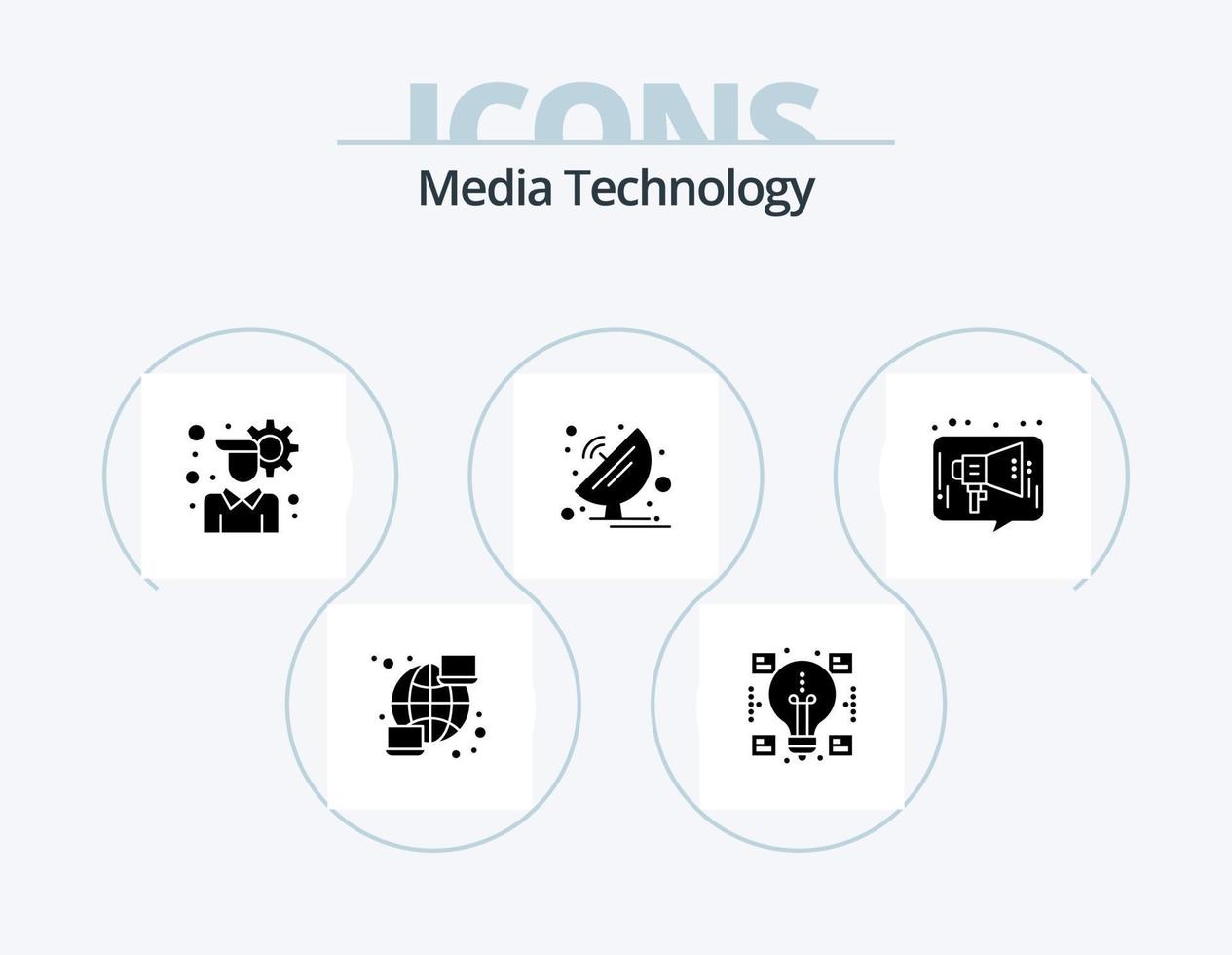 Media Technology Glyph Icon Pack 5 Icon Design. advertising. science. account. satellite dish. radar vector