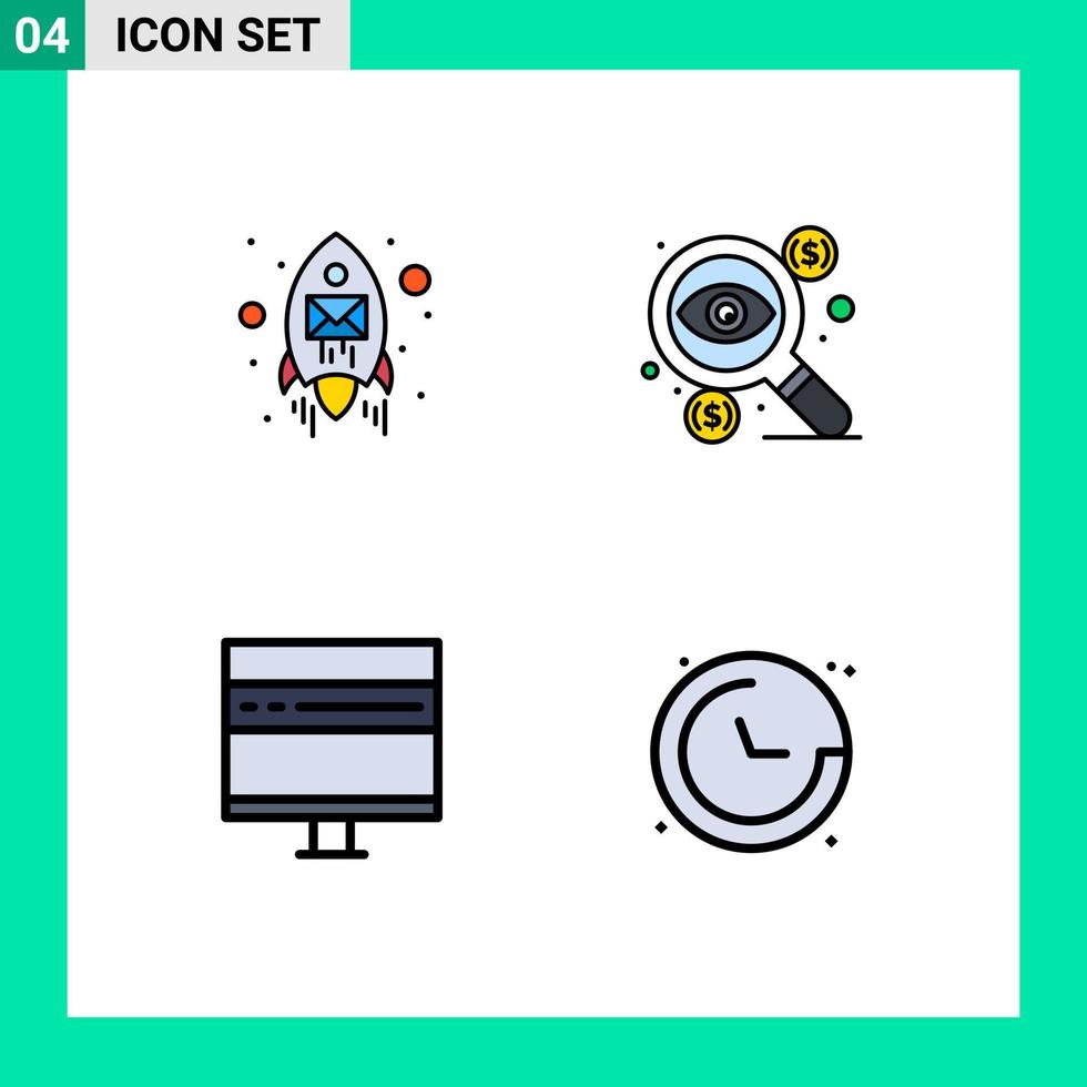 Group of 4 Modern Filledline Flat Colors Set for email browser seo dollar develop Editable Vector Design Elements