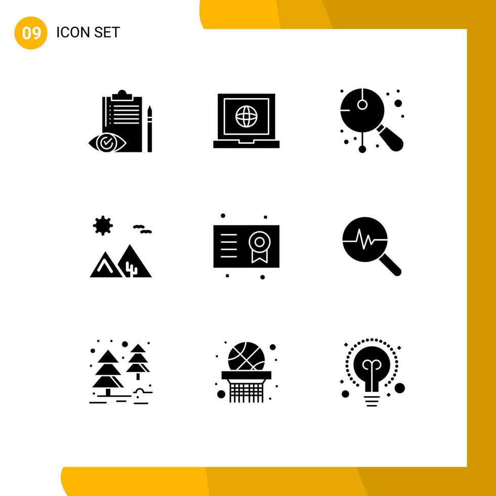 Set of 9 Commercial Solid Glyphs pack for pyramid desert asian arabian music Editable Vector Design Elements