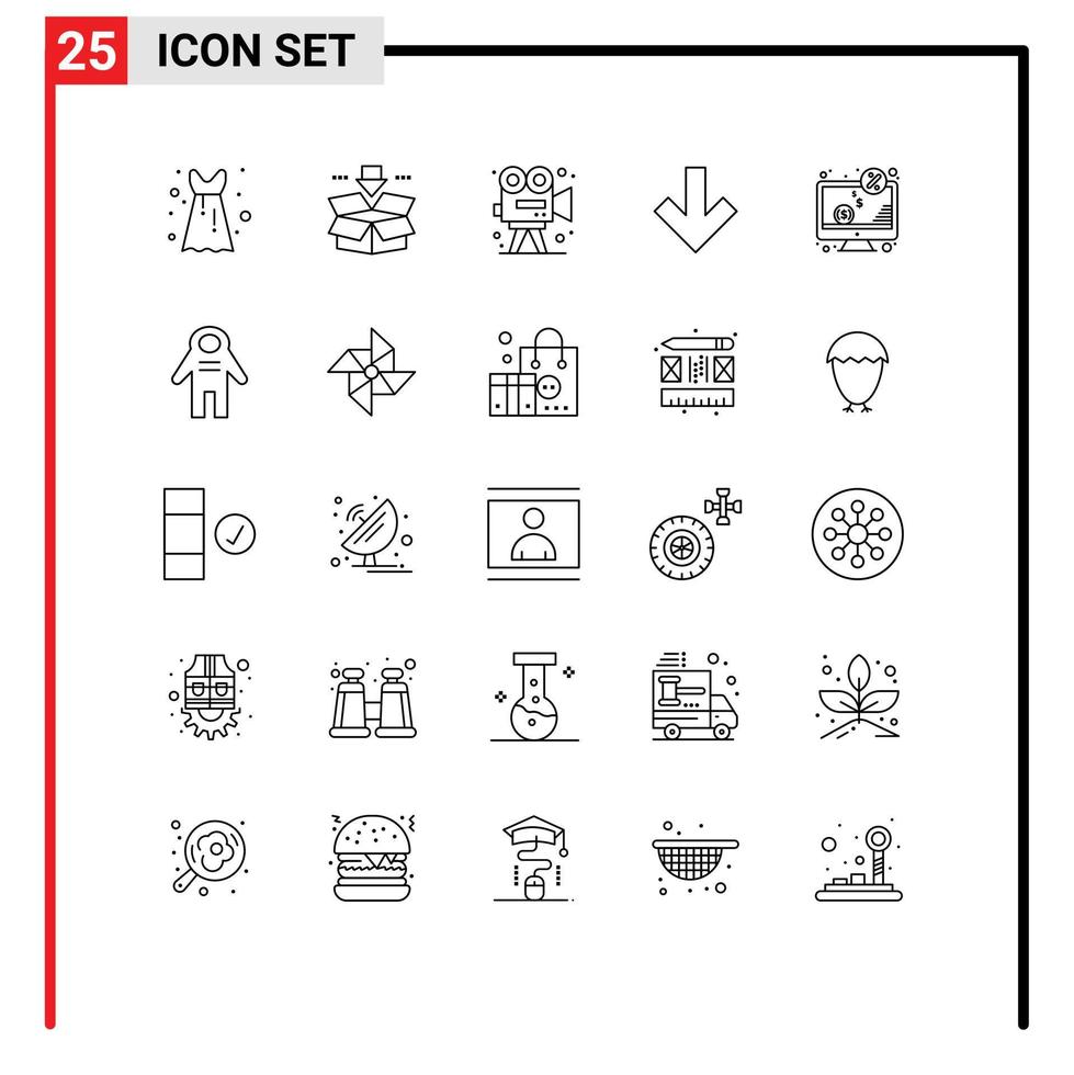Line Pack of 25 Universal Symbols of money computer camera back arrow Editable Vector Design Elements