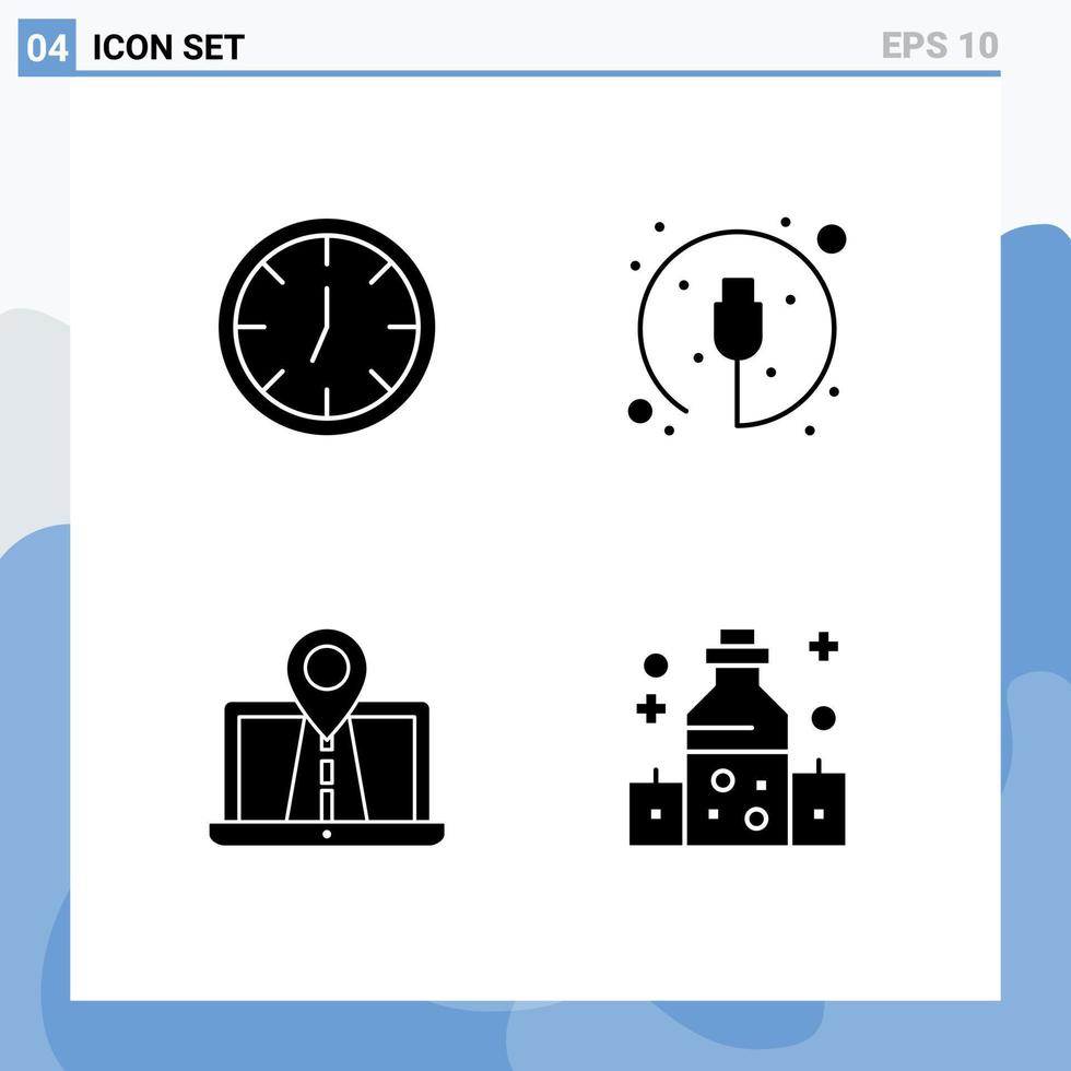 4 Thematic Vector Solid Glyphs and Editable Symbols of clock system electronic cable route Editable Vector Design Elements