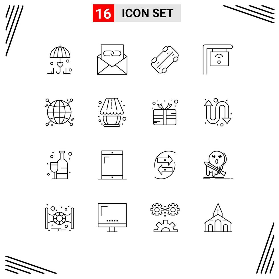 Universal Icon Symbols Group of 16 Modern Outlines of globe connected envelope sign cafe Editable Vector Design Elements