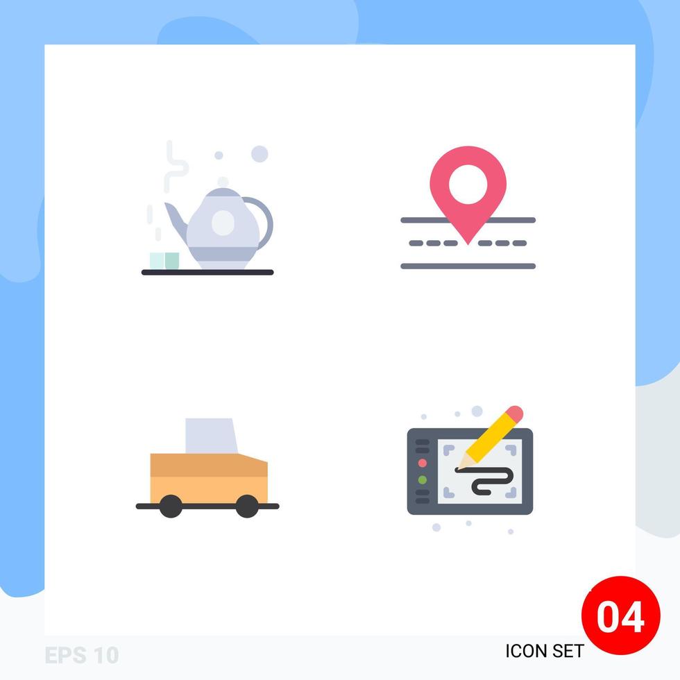 Set of 4 Vector Flat Icons on Grid for tea truck road map tablet Editable Vector Design Elements