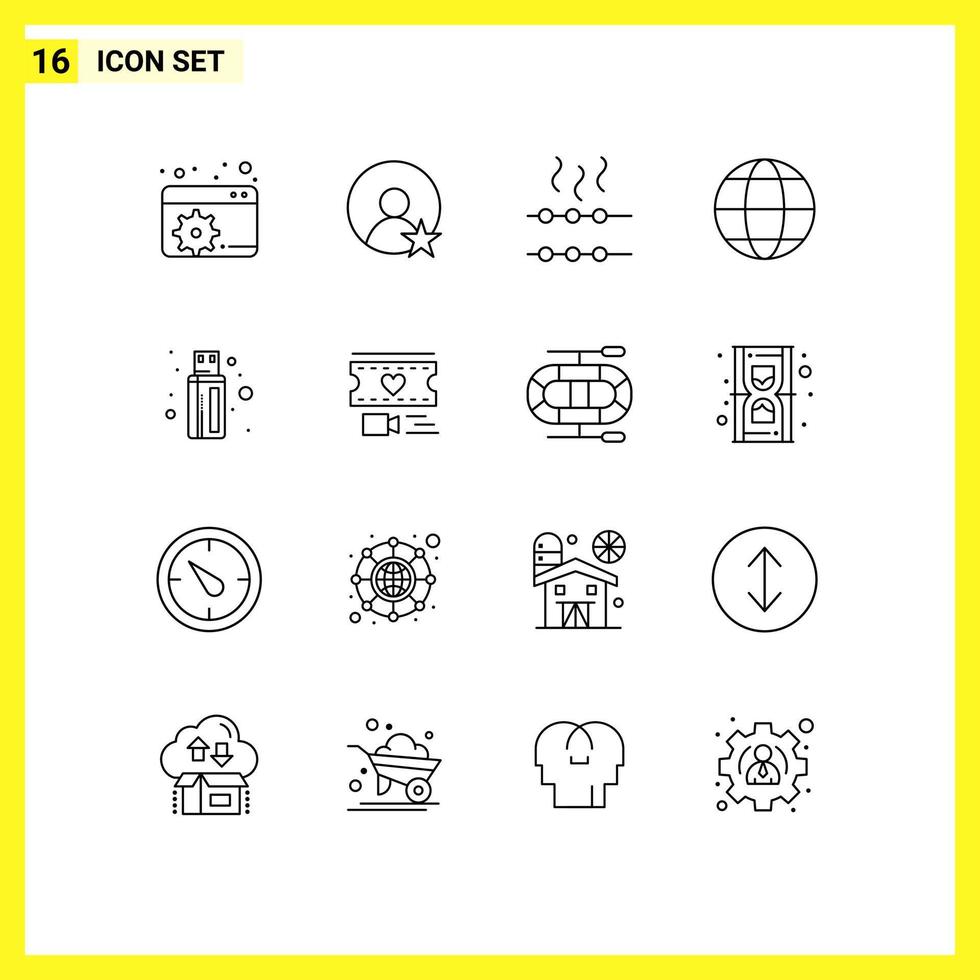 Set of 16 Modern UI Icons Symbols Signs for heart usb marshmallow connector globe Editable Vector Design Elements