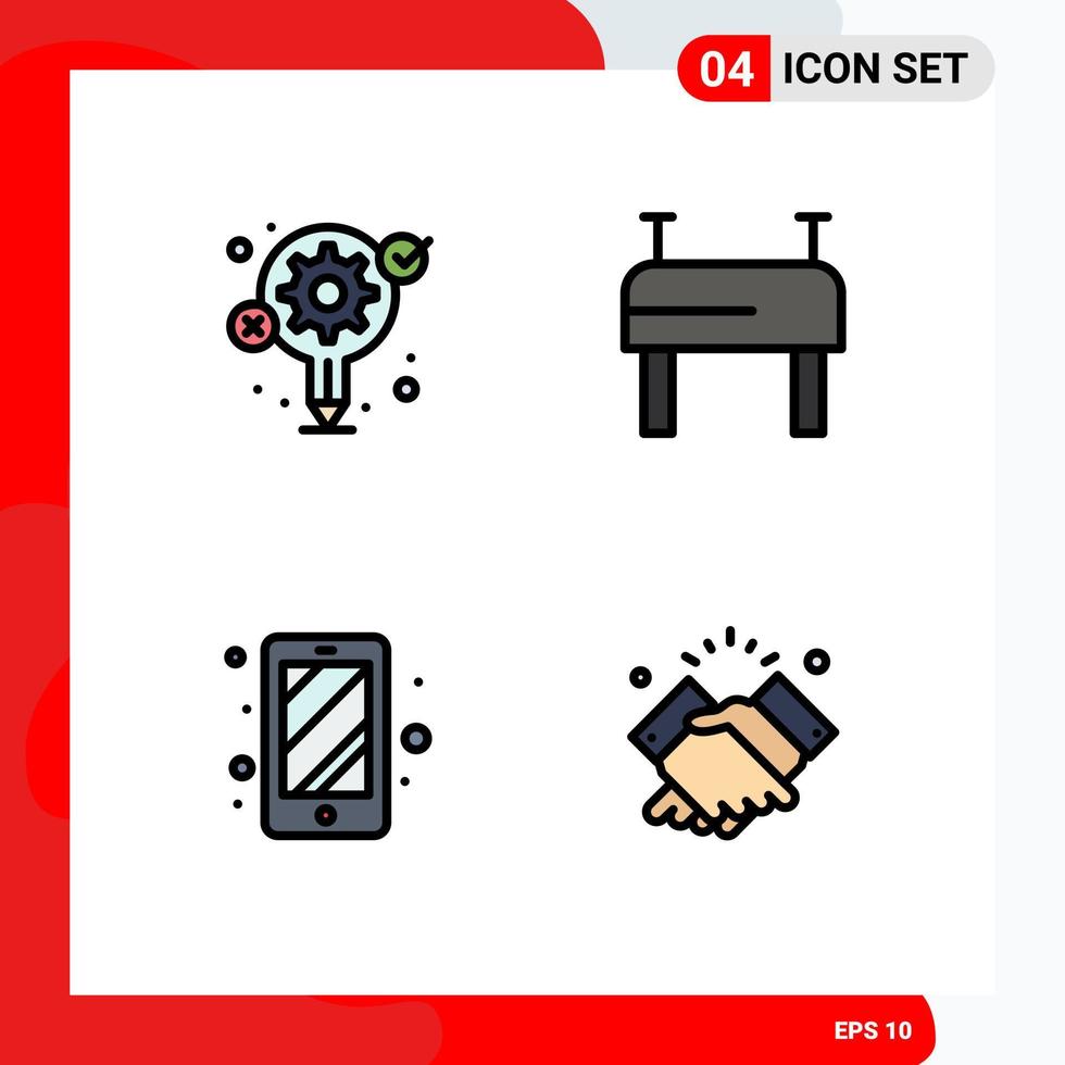 Group of 4 Modern Filledline Flat Colors Set for idea handshake process phone hand Editable Vector Design Elements