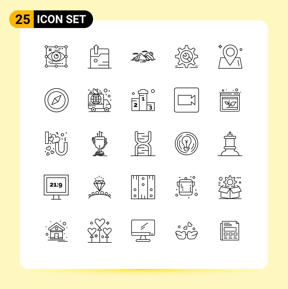 User Interface Pack of 25 Basic Lines of configuration wheel mountain cog evening Editable Vector Design Elements