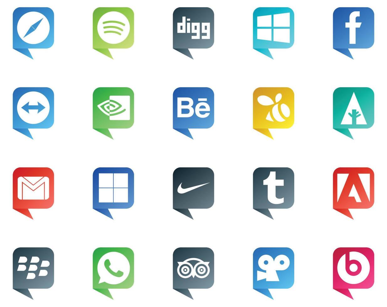 20 social medios de comunicación habla burbuja estilo logo me gusta adobe nike comportamiento delicioso correo electrónico vector