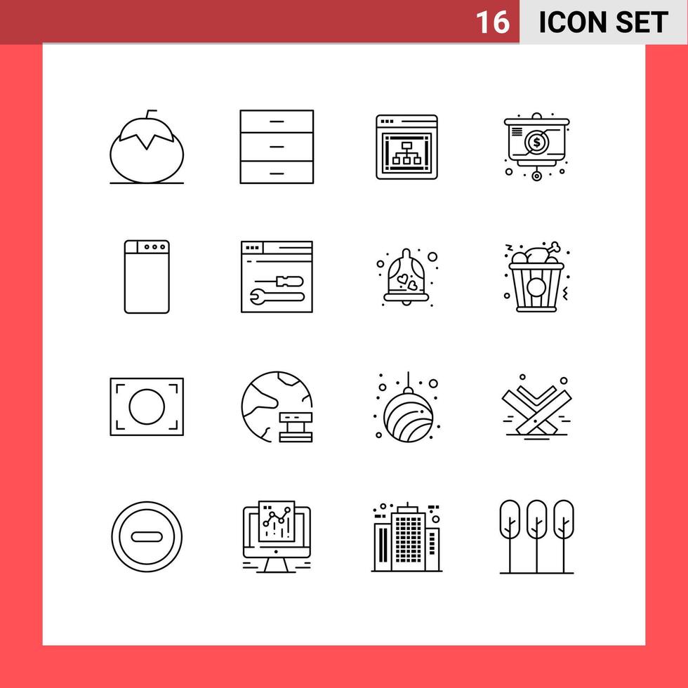 Universal Icon Symbols Group of 16 Modern Outlines of machine chart interior strategy server Editable Vector Design Elements