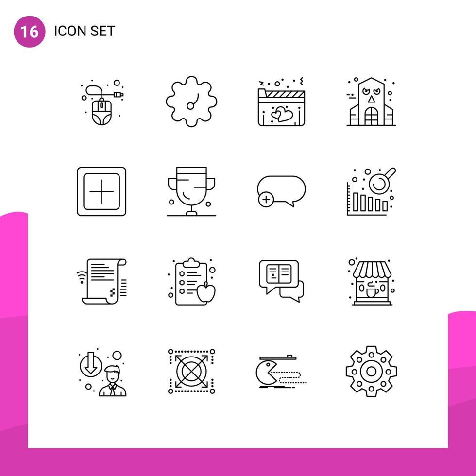 Pack of 16 Modern Outlines Signs and Symbols for Web Print Media such as plus increase love create haunted house Editable Vector Design Elements