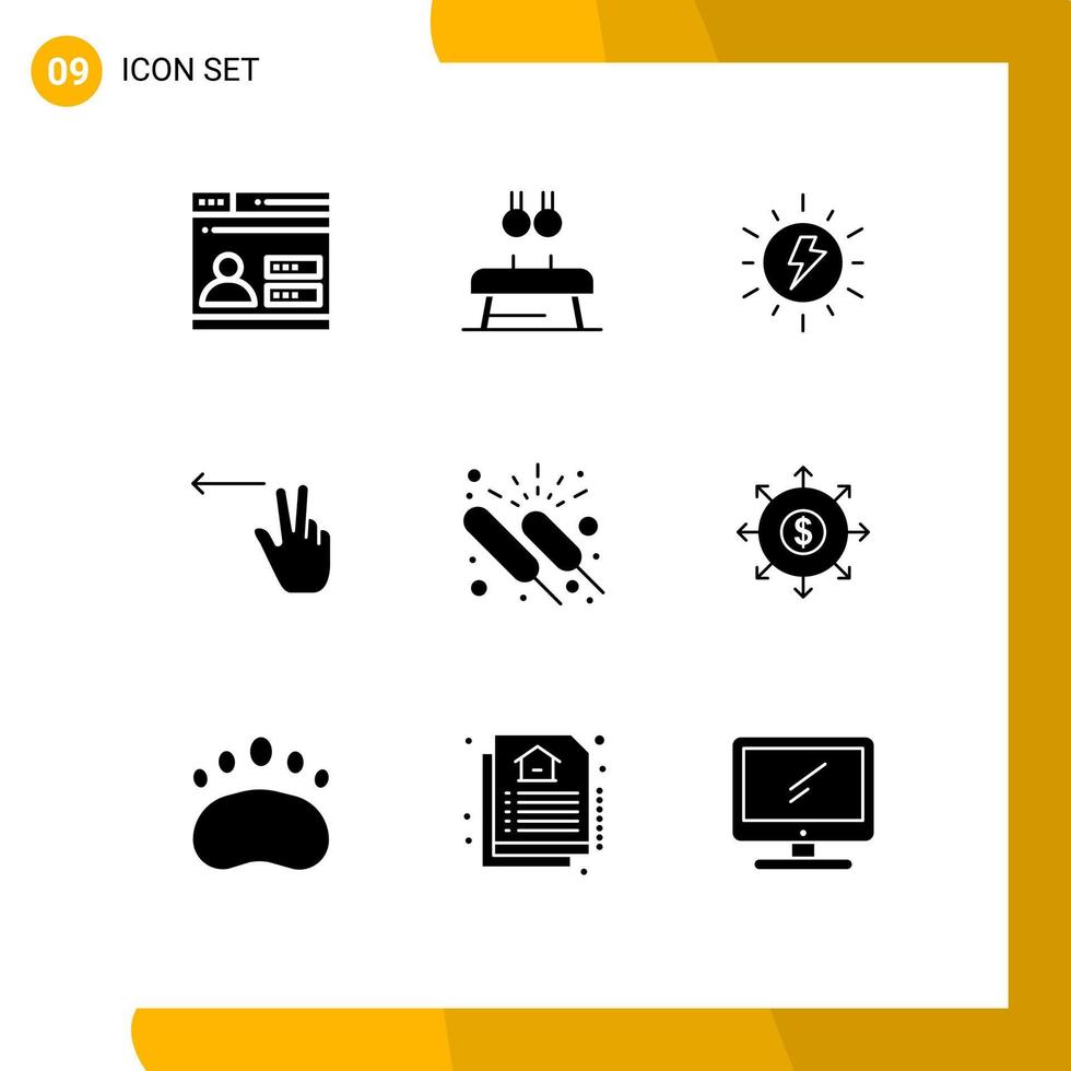 9 Universal Solid Glyphs Set for Web and Mobile Applications event left sport gesture charg Editable Vector Design Elements