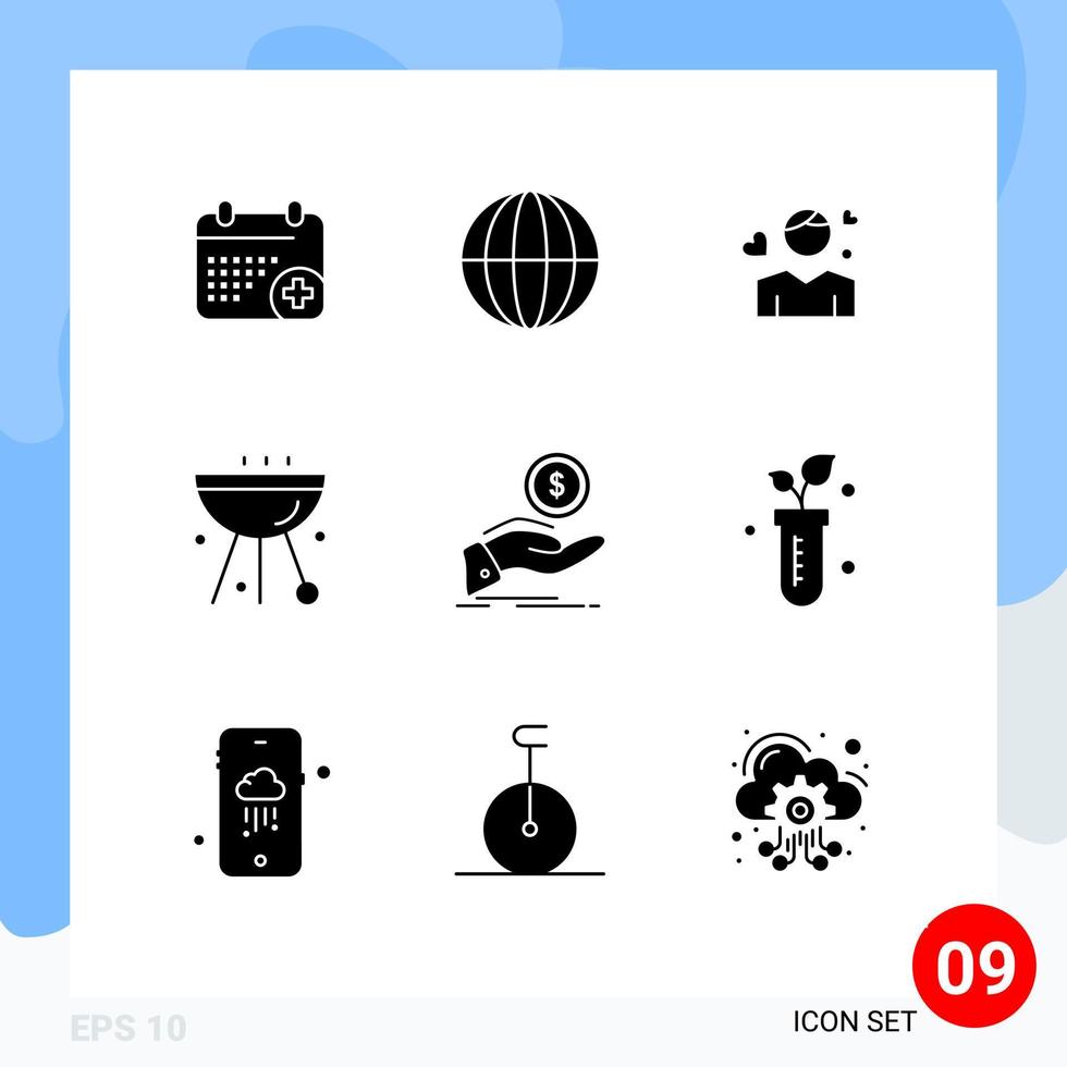 Mobile Interface Solid Glyph Set of 9 Pictograms of grill cafe man bbq heart Editable Vector Design Elements