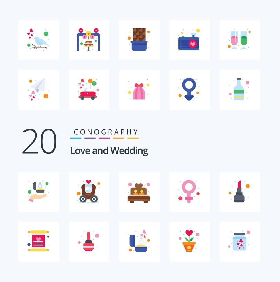 20 Wedding Flat Color icon Pack like woman female carriage romance love vector