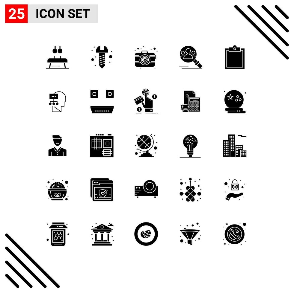 25 User Interface Solid Glyph Pack of modern Signs and Symbols of clipboard user camera search find Editable Vector Design Elements