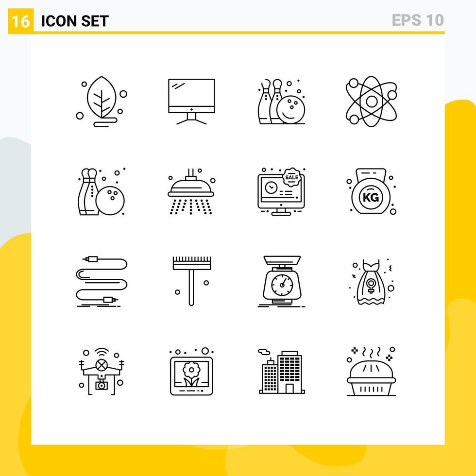 Mobile Interface Outline Set of 16 Pictograms of bowling bio pc lab play Editable Vector Design Elements