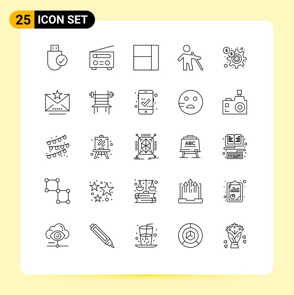 Line Pack of 25 Universal Symbols of gear dollar user stick old Editable Vector Design Elements