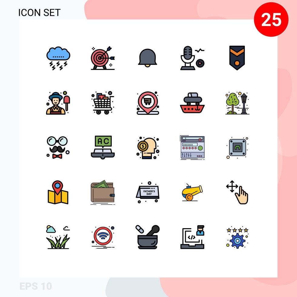 Mobile Interface Filled line Flat Color Set of 25 Pictograms of badge song marketing recording twitter Editable Vector Design Elements