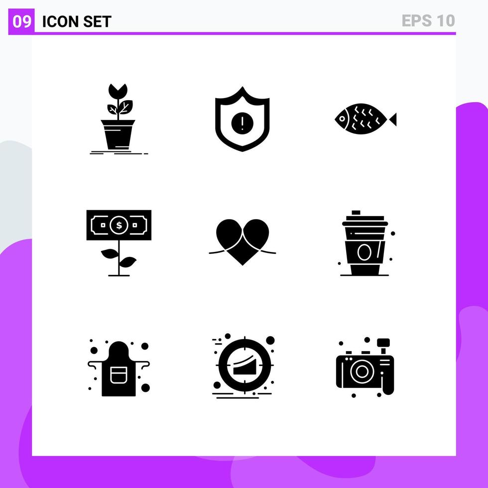 Modern Set of 9 Solid Glyphs Pictograph of heart growth fish plant dollar Editable Vector Design Elements