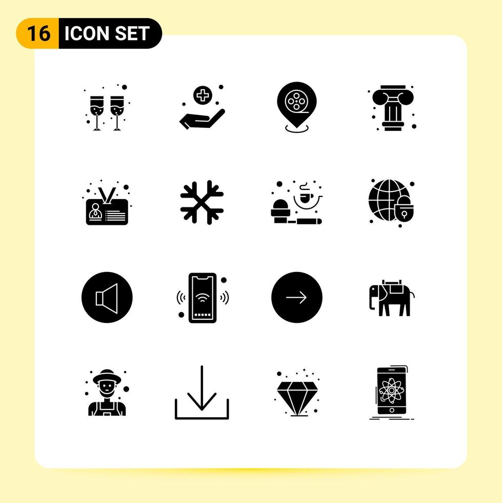 Set of 16 Commercial Solid Glyphs pack for snow flakes user films identity id Editable Vector Design Elements