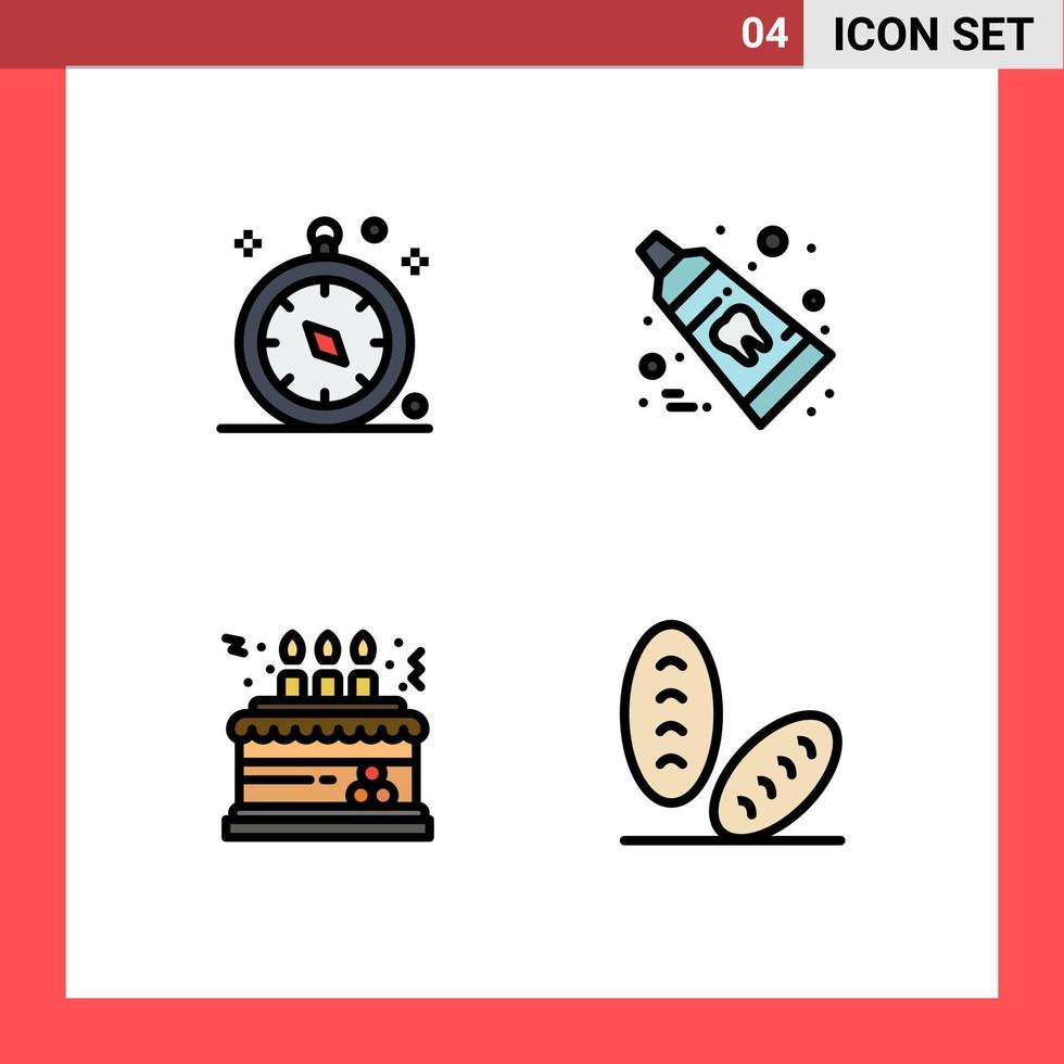 Mobile Interface Filledline Flat Color Set of 4 Pictograms of compass cake travel tooth decoration Editable Vector Design Elements