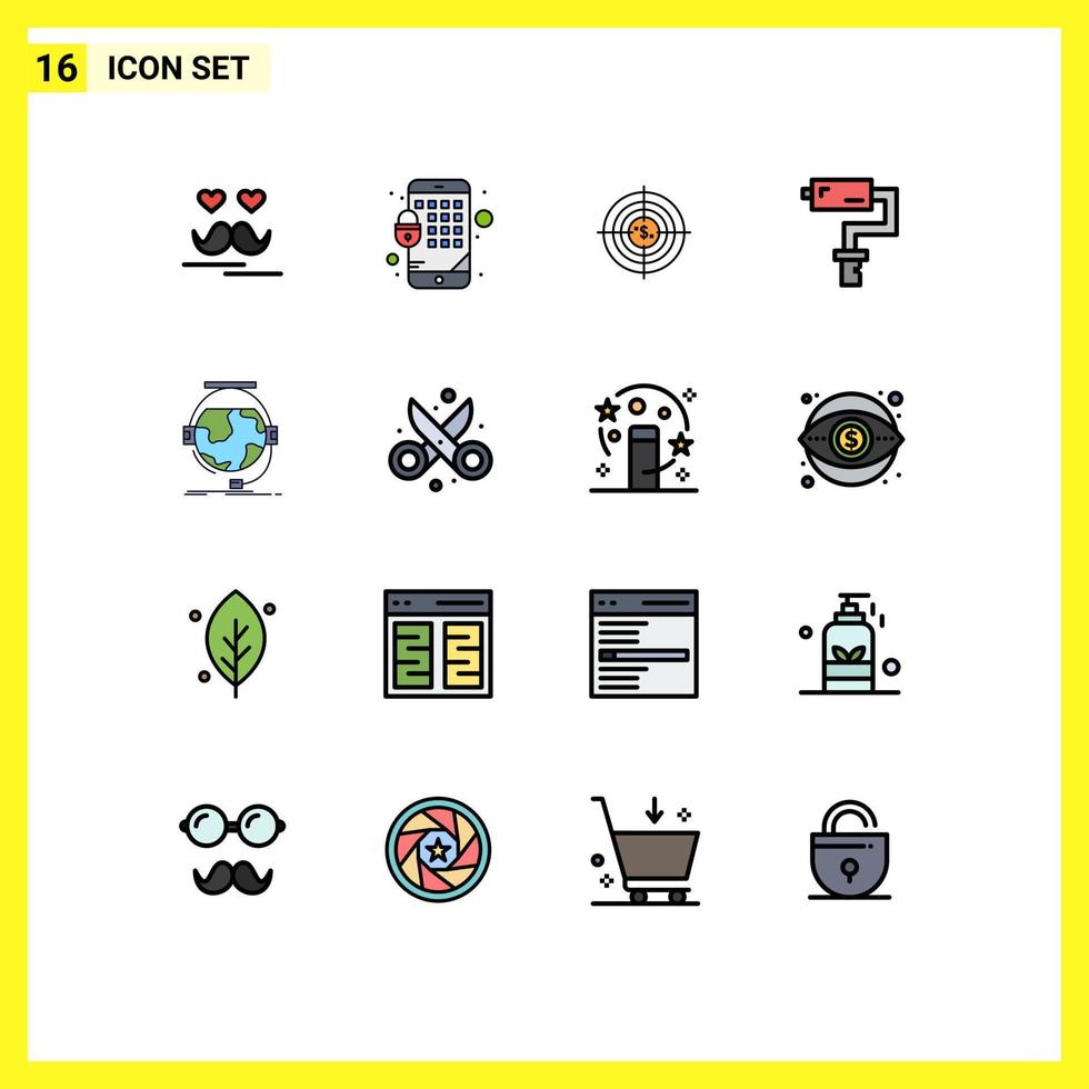 Universal Icon Symbols Group of 16 Modern Flat Color Filled Lines of painter paint roller aim money funds Editable Creative Vector Design Elements