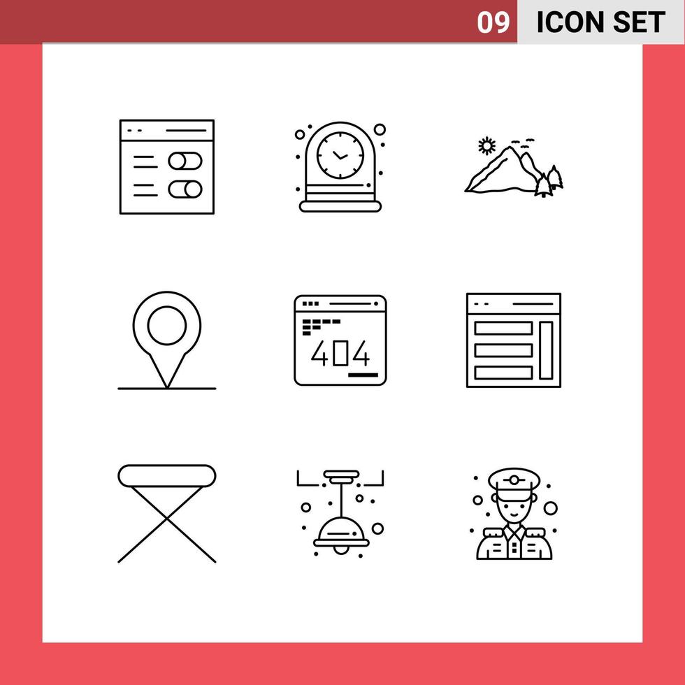 User Interface Pack of 9 Basic Outlines of error develop mountain pin scene Editable Vector Design Elements