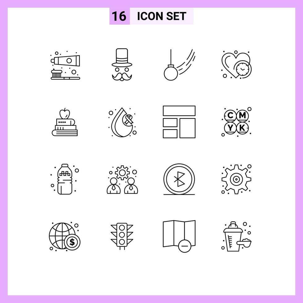 Modern Set of 16 Outlines and symbols such as time heart hat clock ball Editable Vector Design Elements