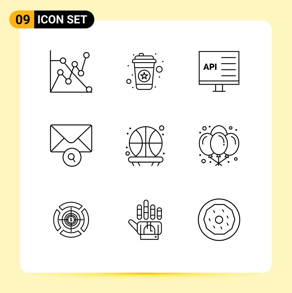 9 User Interface Outline Pack of modern Signs and Symbols of shot backboard coding search mail Editable Vector Design Elements