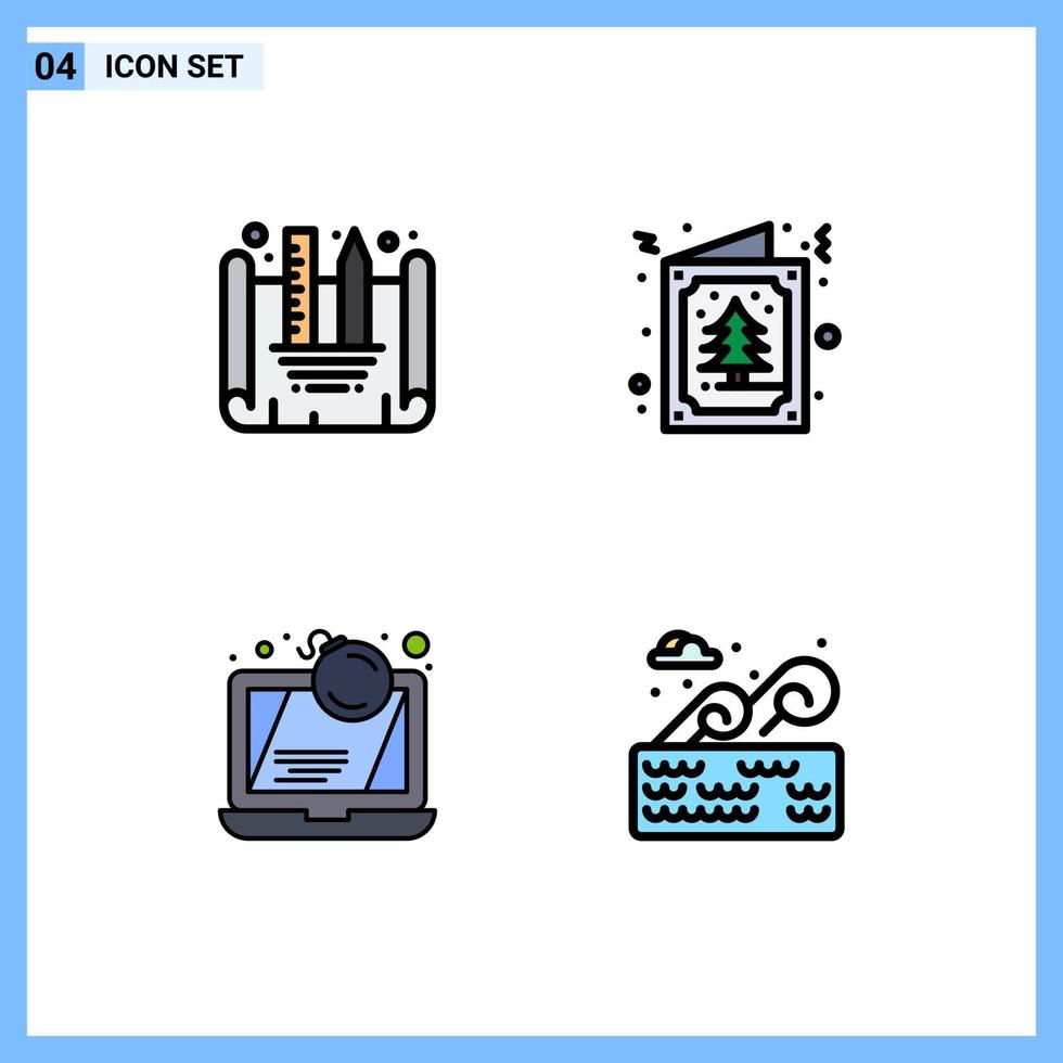 User Interface Pack of 4 Basic Filledline Flat Colors of blueprint designing computer tree invitation laptop Editable Vector Design Elements