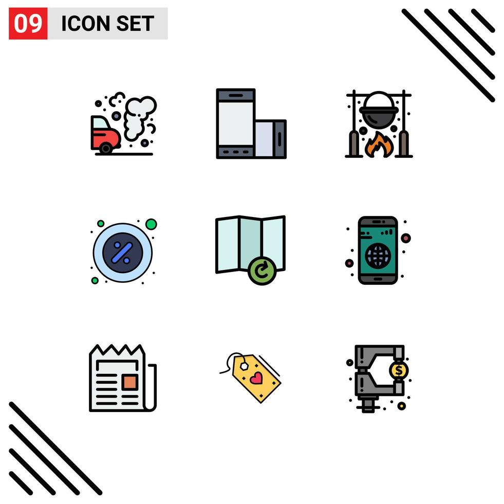 Pack of 9 Modern Filledline Flat Colors Signs and Symbols for Web Print Media such as piece part smartphone discount food Editable Vector Design Elements