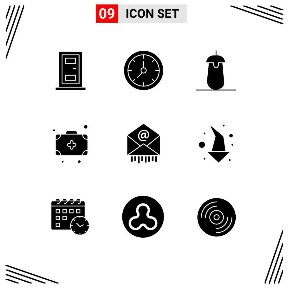 Pack of 9 Modern Solid Glyphs Signs and Symbols for Web Print Media such as mail e delicious medicine bag Editable Vector Design Elements
