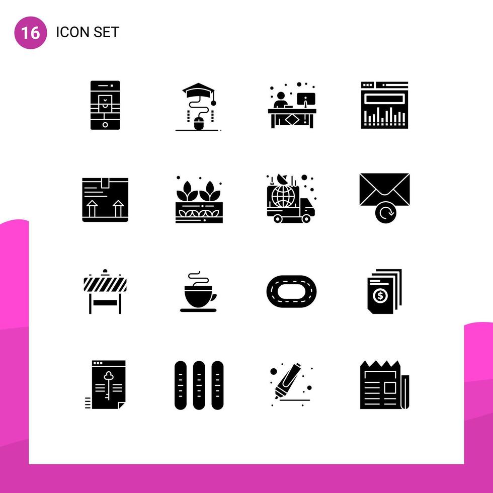 Set of 16 Commercial Solid Glyphs pack for deliver data education analytics front Editable Vector Design Elements