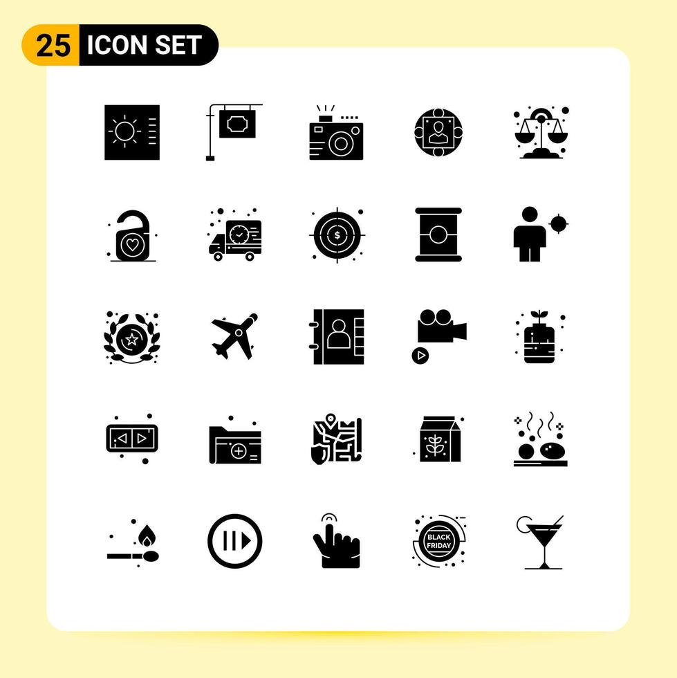 Group of 25 Solid Glyphs Signs and Symbols for libra production photo modern business Editable Vector Design Elements