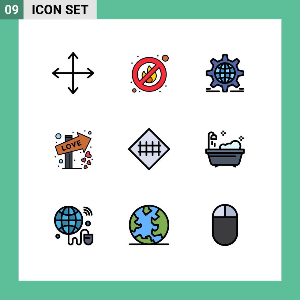 User Interface Pack of 9 Basic Filledline Flat Colors of fence sign date gear sign direction Editable Vector Design Elements