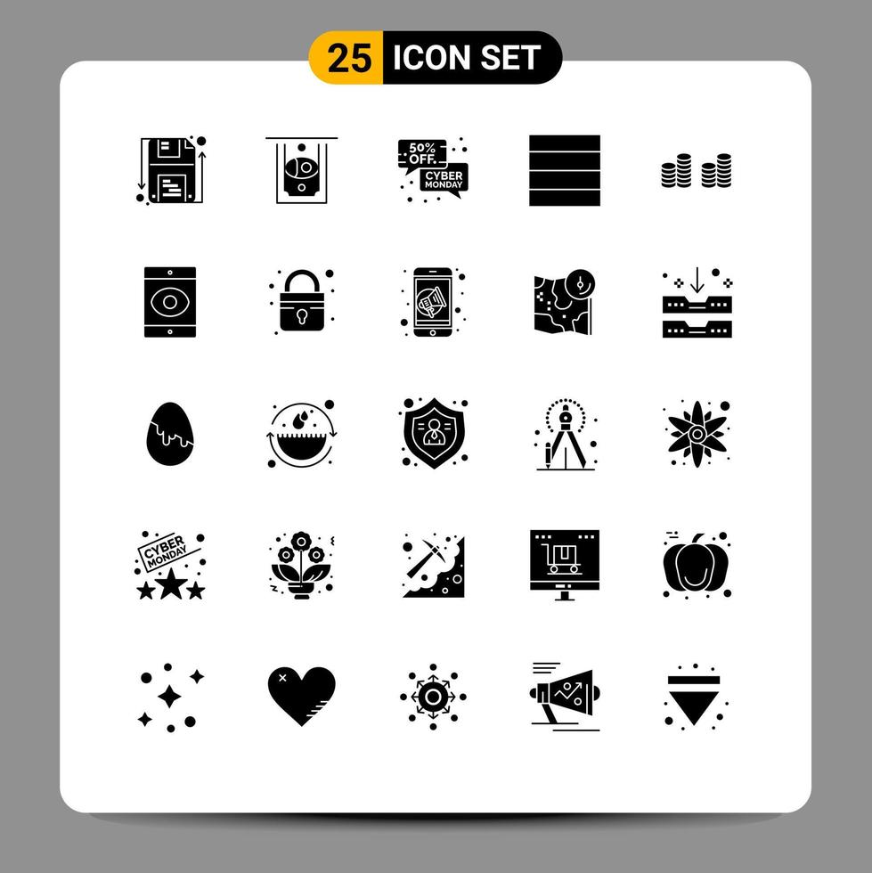 Solid Glyph Pack of 25 Universal Symbols of smartphone coins ecommerce cash grid Editable Vector Design Elements